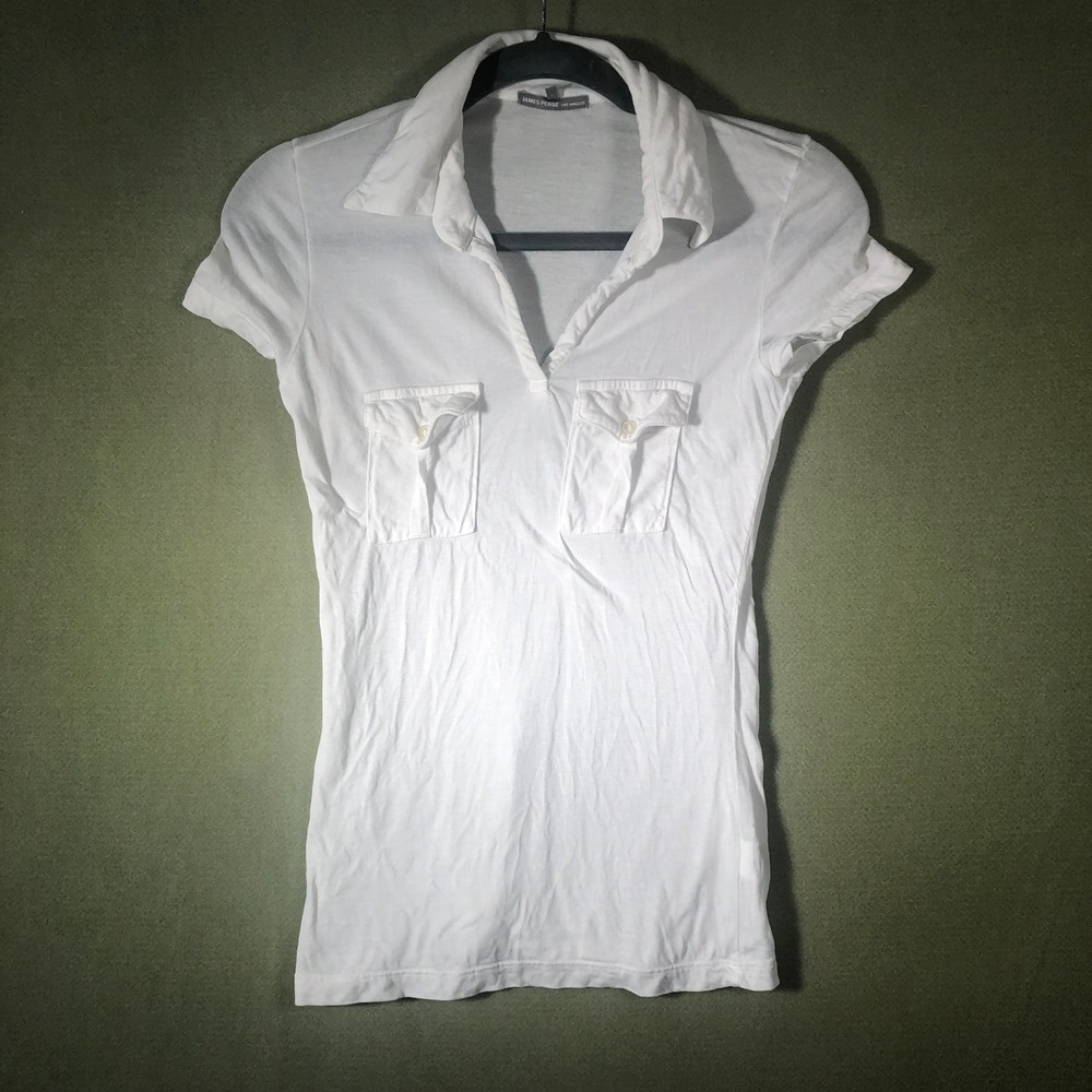 James Perse Polo Shirt Womens 1 White Tencel V-Neck Chest Pockets WTJ3075